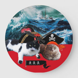 PIRATE CATS AND SHIP IN THE SEA STORM, Nautical Große Wanduhr