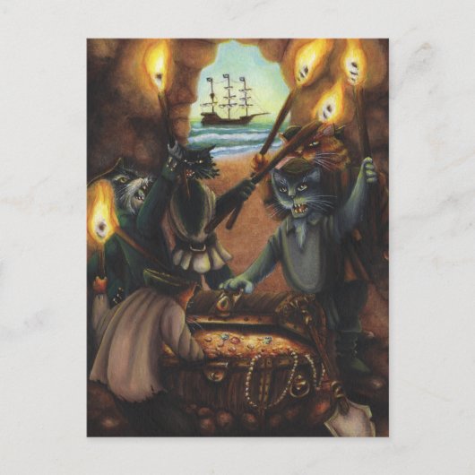 Pirate Cats Treasinsel Cave Fantasy Kunst-Karte Postkarte (Vorderseite)