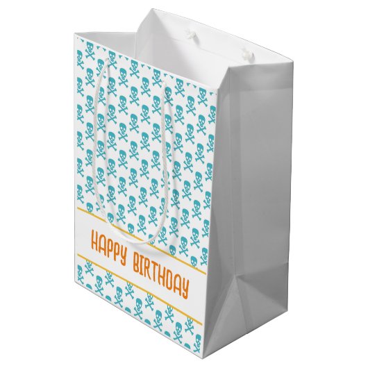 Pirate Crossbones GLÜCKLICH GEBURTSTAG Kinder farb Mittlere Geschenktüte (Rückseite Schrägansicht)