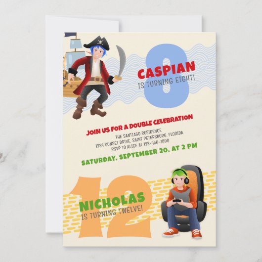 Pirate Gamer Joint Double Birthday Einladung (Vorderseite)