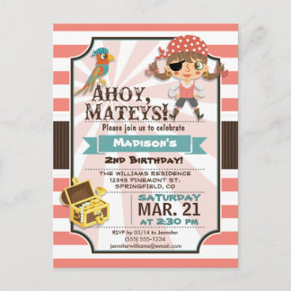 Pirate Girl; Coral Pink & Brown Geburtstagsparty Einladungspostkarte