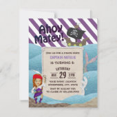 Pirate Girl Lila Stripes 6th Birthday Party Einladung (Vorderseite)