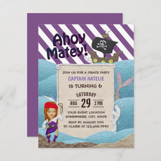 Pirate Girl Lila Stripes 6th Birthday Party Einladung (Vorne/Hinten)