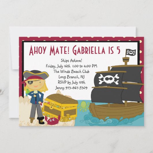 Pirate Girl Treasure Brust Geburtstag Einladung (Vorderseite)