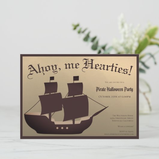 Pirate Halloween Costume Party Ship Brown Gold Einladung (Stehend Vorderseite)