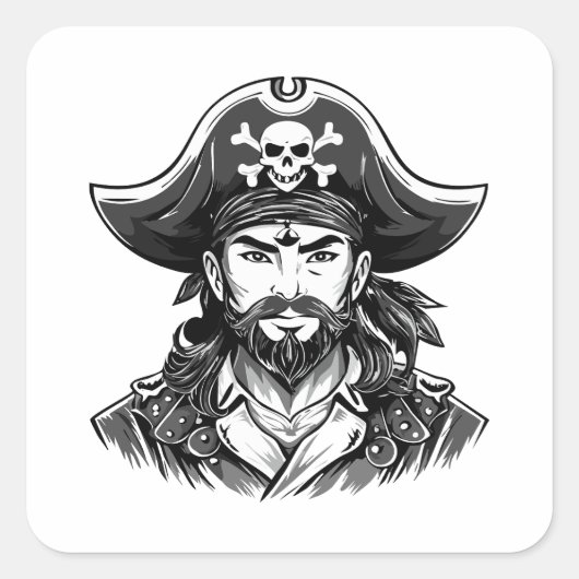 Pirate head with hat sailor and Eye Patch and Bear Quadratischer Aufkleber (Vorderseite)