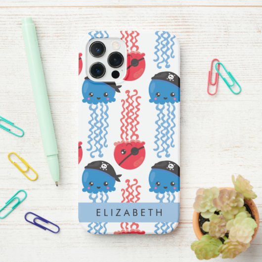 Pirate Jellyfish, Quallen Muster, Ihr Name iPhone Hülle (Auf dem Schreibtisch)