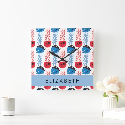 Pirate Jellyfish, Quallen Muster, Ihr Name Quadratische Wanduhr (Zuhause)