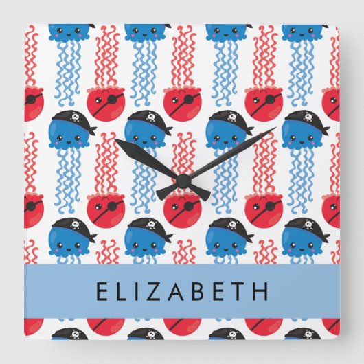 Pirate Jellyfish, Quallen Muster, Ihr Name Quadratische Wanduhr (Vorderseite)