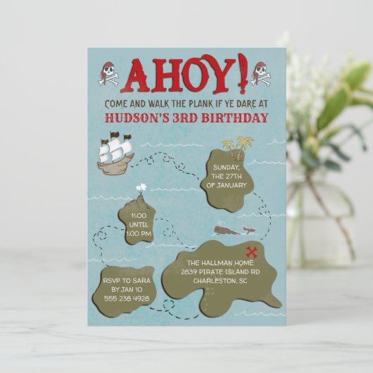 Pirate Map Geburtstagsparty Einladung (Stehend Vorderseite)