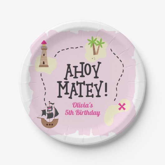 Pirate Map Pink Birthday Pappteller (Vorderseite)