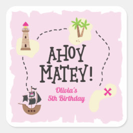 Pirate Map Pink Birthday Quadratischer Aufkleber