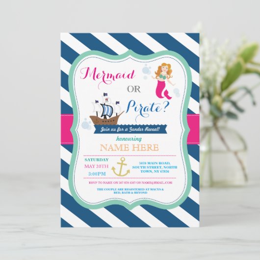 Pirate oder Mermaid Baby Showaufenthalt Einladung (Stehend Vorderseite)