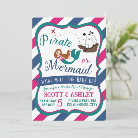 Pirate oder Mermaid Gender Reveal Party Einladung (Stehend Vorderseite)
