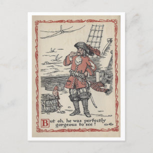 Pirate + Parrot Vintag Book Illustration Postcard Postkarte