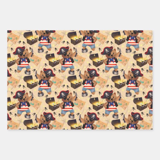 Pirate Party mit Bären, Streifen und Schatz Geschenkpapier Set (Vorderseite)