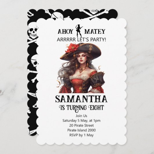 Pirate Party Red Girl Einladung (Vorne/Hinten)