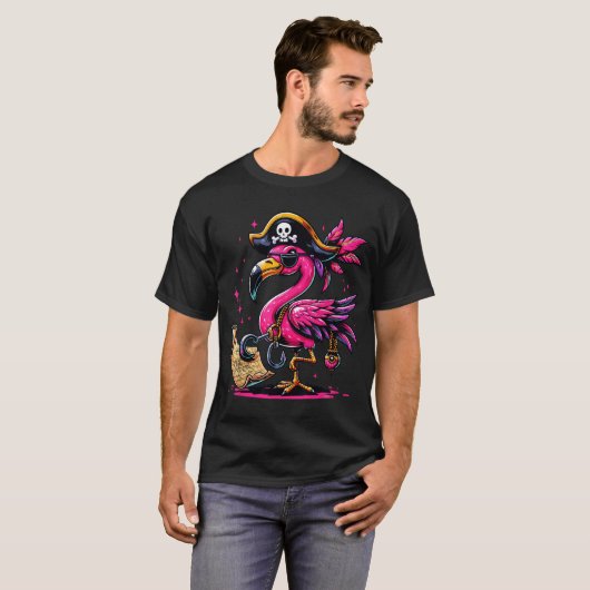 Pirate Pink Flamingo Halloween-Party Piratenflagge T-Shirt (Vorne ganz)