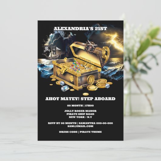 Pirate Schatz Brust Gold Edelsteine Themenparty Einladung (Stehend Vorderseite)