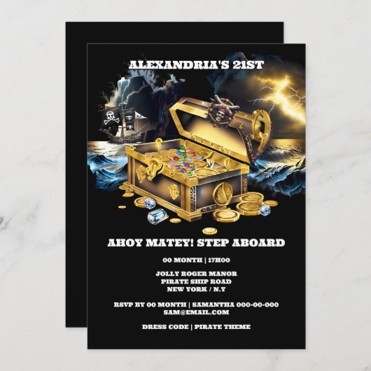 Pirate Schatz Brust Gold Edelsteine Themenparty Einladung (Vorne/Hinten)