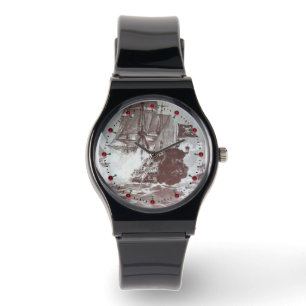 PIRATE SCHIFFBATTLE Antike Braun Weiß Nautik Armbanduhr