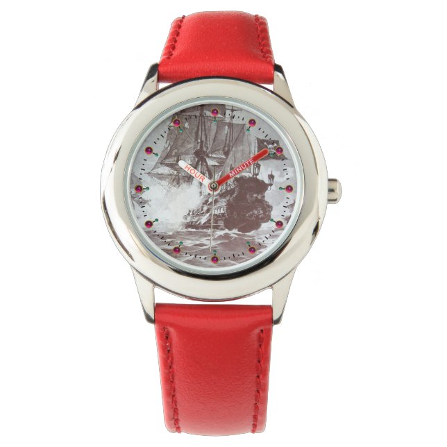 PIRATE SCHIFFBATTLE Antike Braun Weiß Nautik Armbanduhr (Vorderseite)