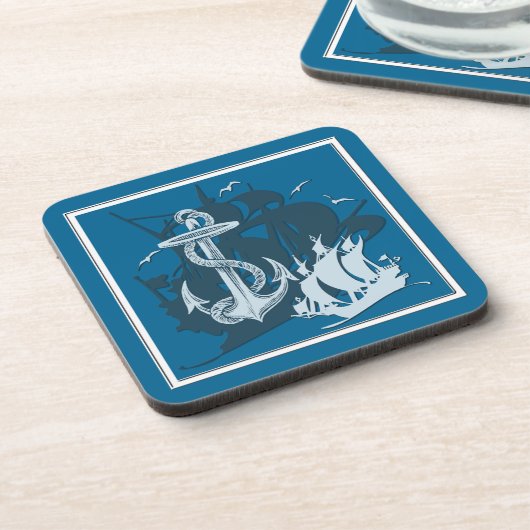 Pirate Ship & Anchor White Silhouette Coasters Untersetzer (Linke Seite)