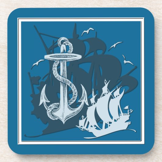 Pirate Ship & Anchor White Silhouette Coasters Untersetzer (Vorderseite)
