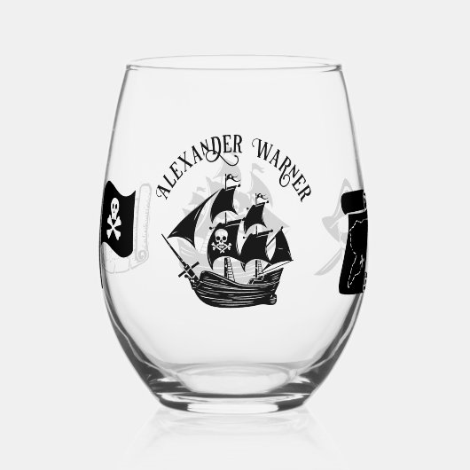 Pirate Ship Skull Crossbones Flag Name Karte Weinglas Ohne Stiel (Vorderseite)