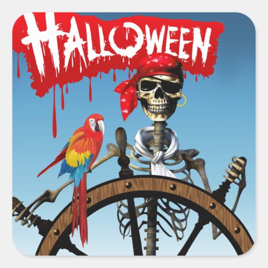 Pirate Skeleton Sailor mit Macaw Halloween-Party Quadratischer Aufkleber (Vorderseite)