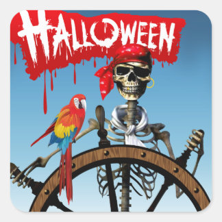 Pirate Skeleton Sailor mit Macaw Halloween-Party Quadratischer Aufkleber