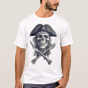 Pirate Skull B&W mit Crossed Knife und Gabel T-Shirt