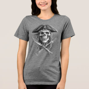 Pirate Skull B&W mit Crossed Knife und Gabel Tri-Blend Shirt