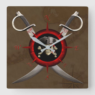 Pirate Skull Compass Rose Quadratische Wanduhr
