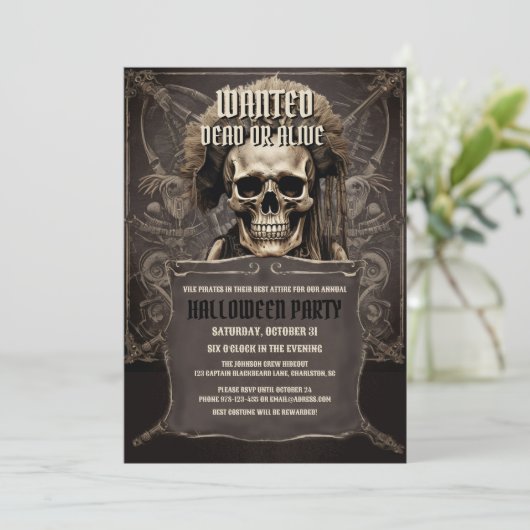 Pirate Skull Face Black Halloween-Party Einladung (Stehend Vorderseite)