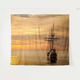 Pirate Skull Golden Ship Tapestry Wandteppich