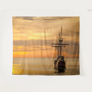 Pirate Skull Golden Ship Tapestry Wandteppich