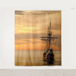 Pirate Skull Golden Ship Tapestry Wandteppich