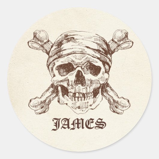 Pirate Skull in Cross Bones Individuelle Name Stic Runder Aufkleber (Vorderseite)