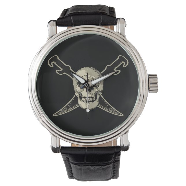 Pirate (Skull) - Vintages  schwarzes Leder  Armbanduhr (Vorderseite)