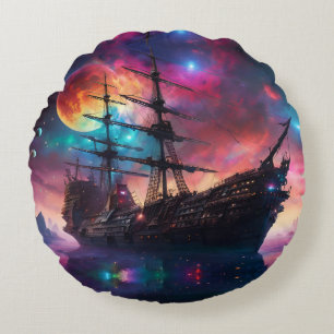 Pirate SpaceShip Landungen auf einem anderen Plane Rundes Kissen
