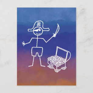 Pirate Stickman mit Schatztruhe Wasserfarbe Postkarte