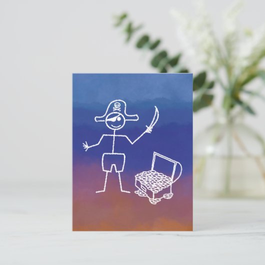 Pirate Stickman mit Schatztruhe Wasserfarbe Postkarte (Stehend Vorderseite)