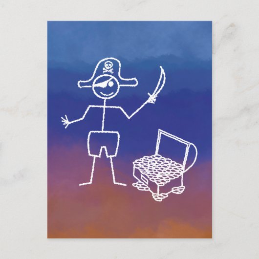Pirate Stickman mit Schatztruhe Wasserfarbe Postkarte (Vorderseite)