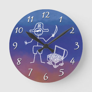 Pirate Stickman mit Schatztruhe Wasserfarbe Runde Wanduhr