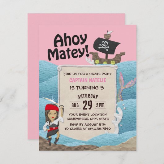 Pirate Theme Captain Girl Birthday Party Einladung (Vorne/Hinten)