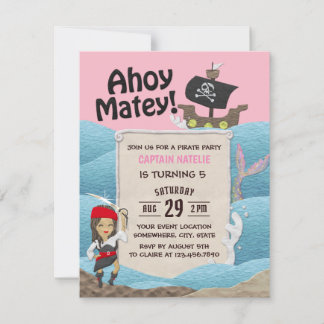 Pirate Theme Captain Girl Birthday Party Einladung