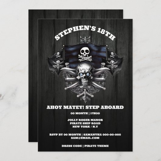 Pirate Theme Piratenflagge ahoy matey Schädeldecke Einladung (Vorne/Hinten)