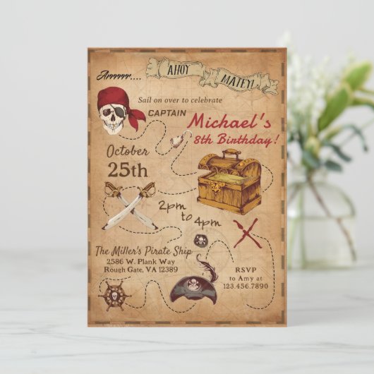 Pirate Themed Birthday Party Einladung (Stehend Vorderseite)