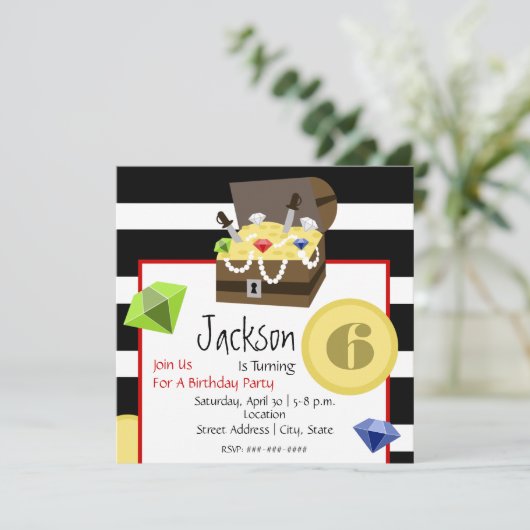 Pirate Treasure Brustmünzen & Juwelen Geburtstag Einladung (Stehend Vorderseite)